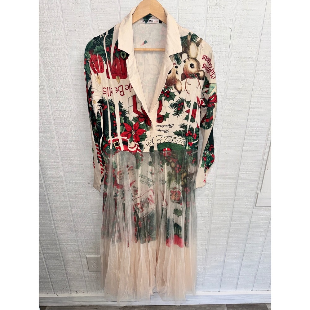 Origami by Vivien Christmas Midi Cardigan Tulle Overlay Reindeer Graphic Medium